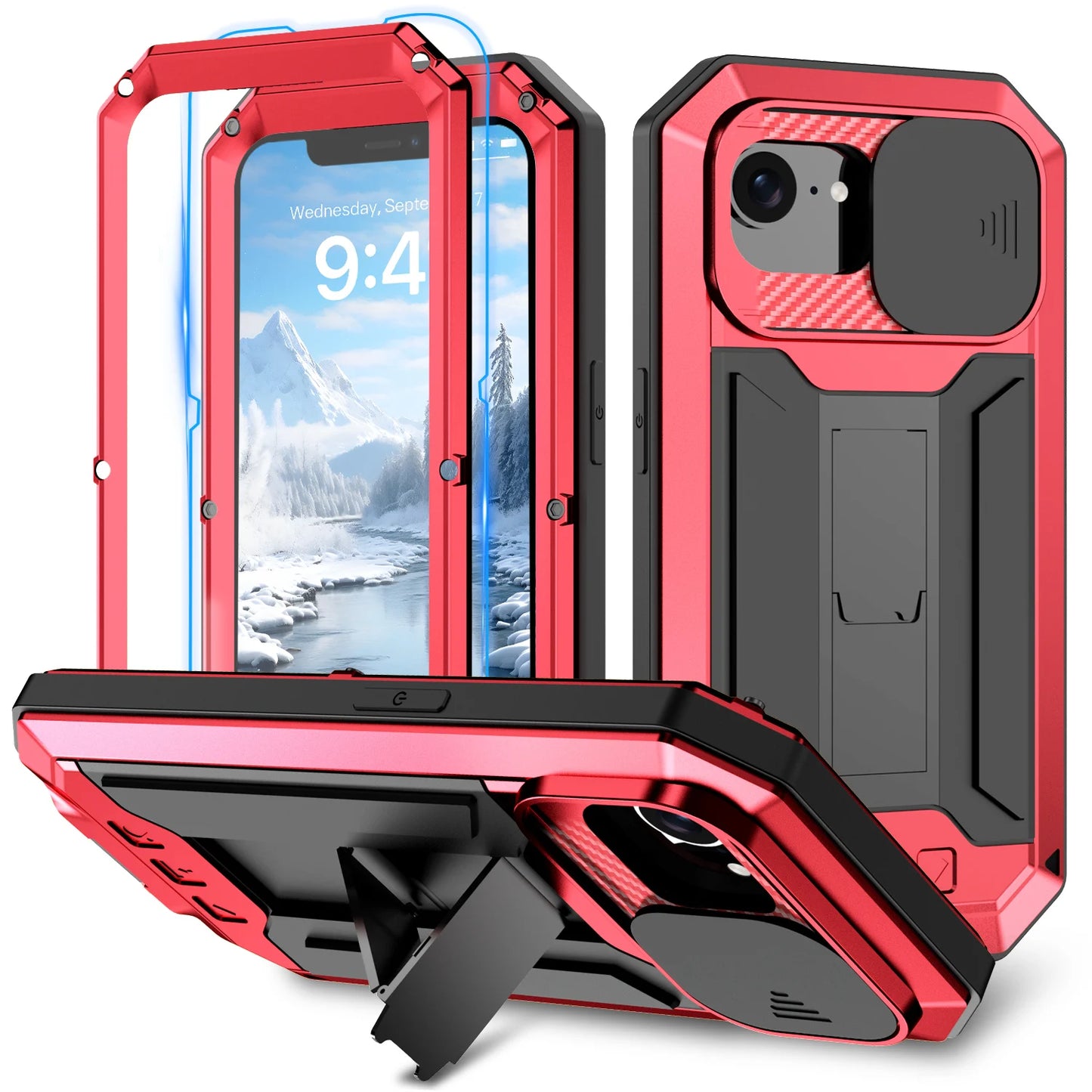 Premium Heavy Duty Shockproof Case for iPhone with Kickstand Screen Tempered Glass Metal Protection Case