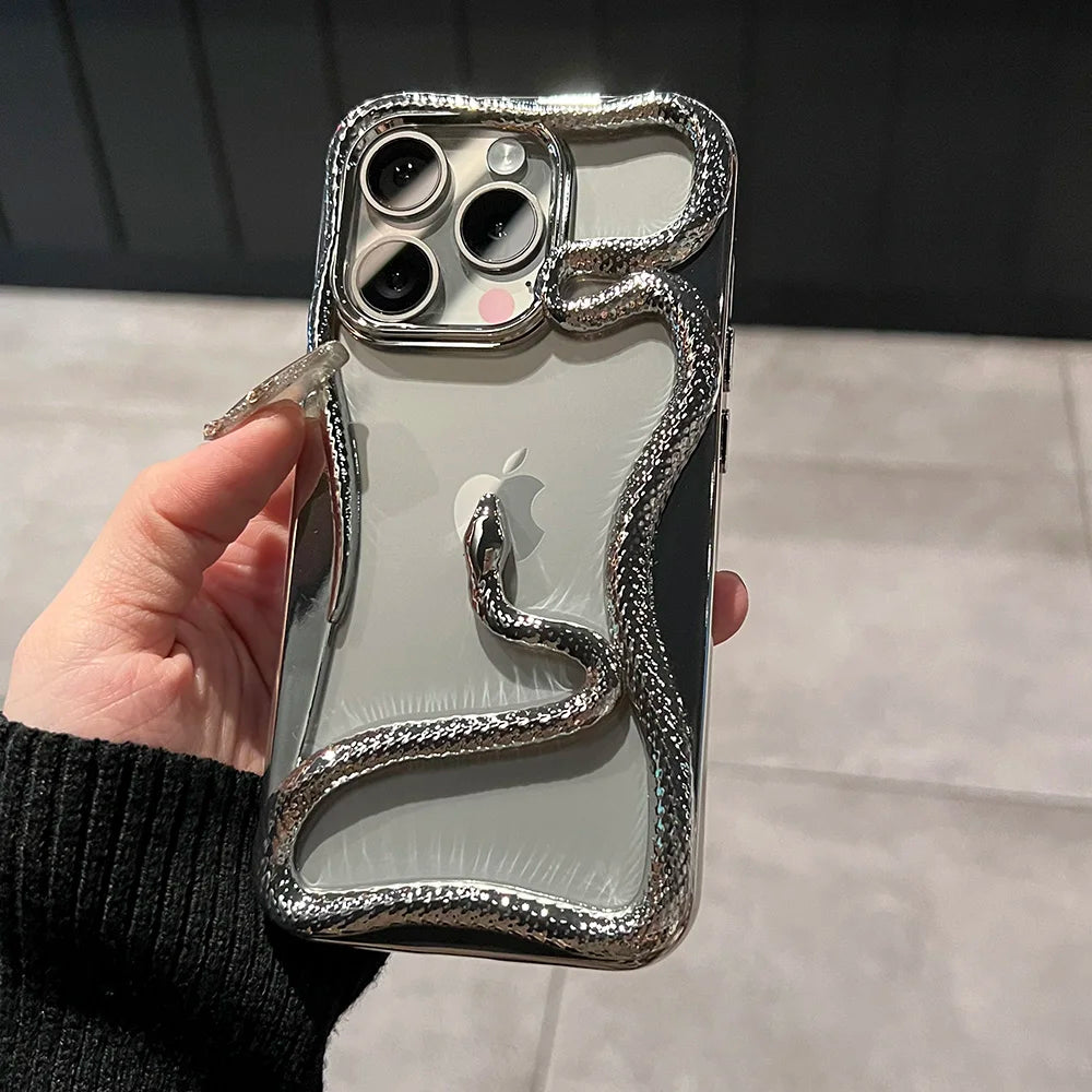 Luxury Plating 3D Snake Phone Case For iPhone, Fashion Creativity, Shockproof Cover, Unique Design