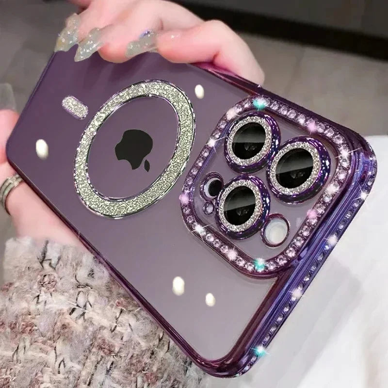 Luxury Crystal Phone Case For iPhone, MagSafe Magnetic and Wireless Charging, Clear Cover, Camera Lens Protection