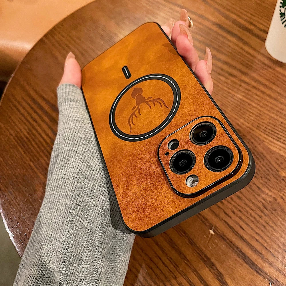 Premium Deer Leather iPhone case, Magnetic Case For iPhone 16 15 14 13 12 11 Pro Max, Wireless Charging Phone Case