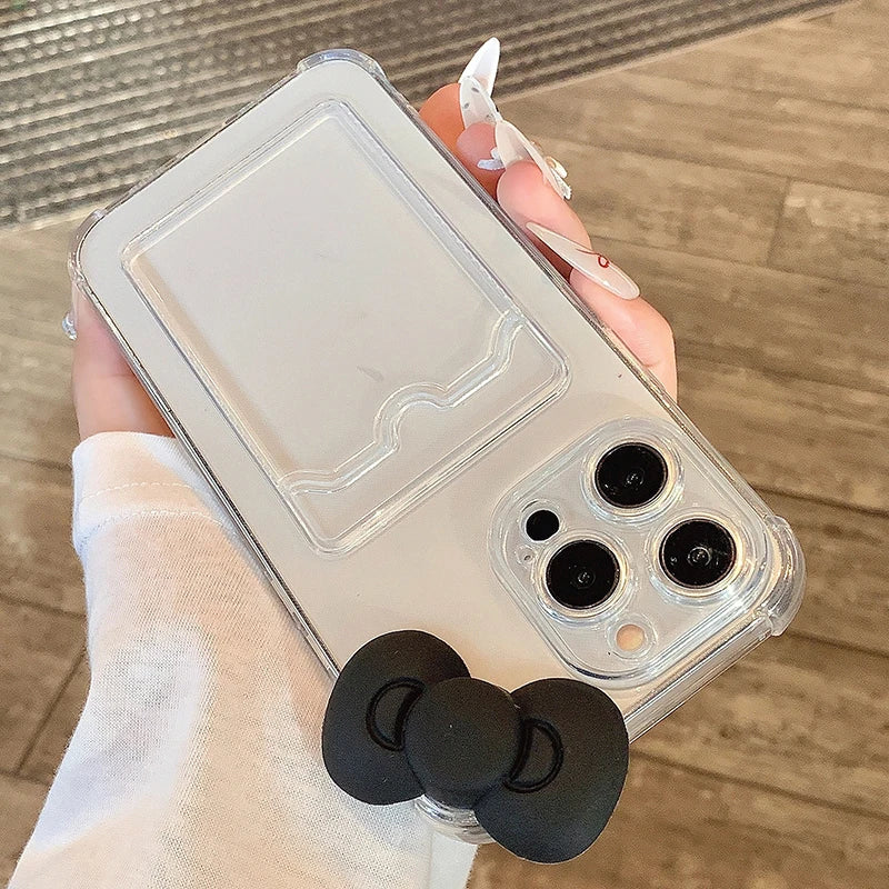 High Quality Silicone Phone Case, 3D Black Bow, Clear Phone Case with Wallet Card Pocket