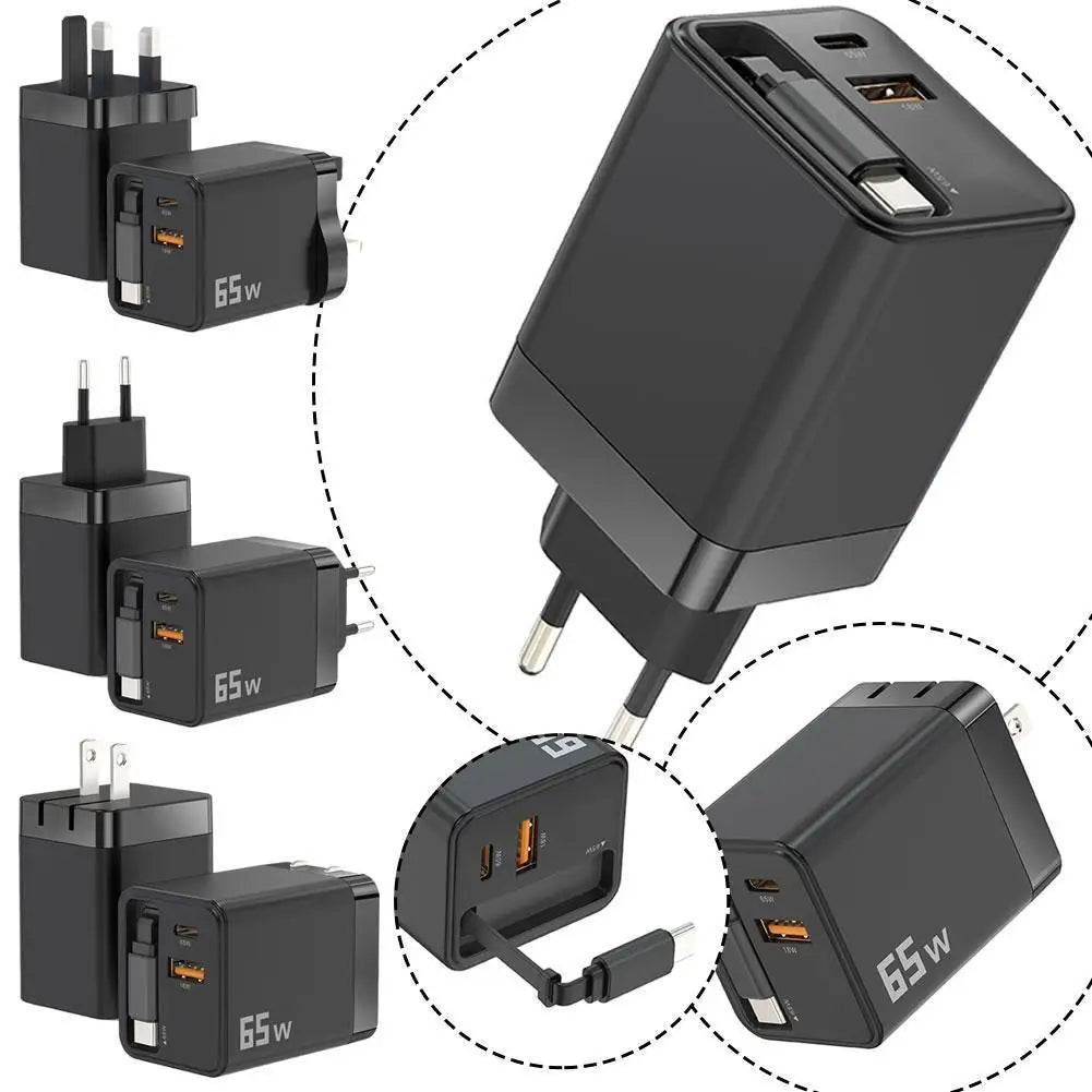 Premium Phone Charger Adapter, Retractable Cable, Fast Charging for iPhone, 65W Power