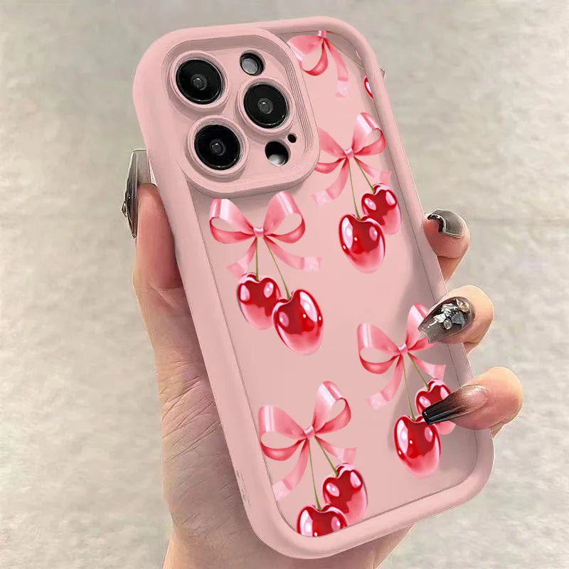 High Quality Silicone Phone Case, Pink Bow and Cherry Blossom, All Around Protection Phone Case, Camera Lens Protection Phone Case