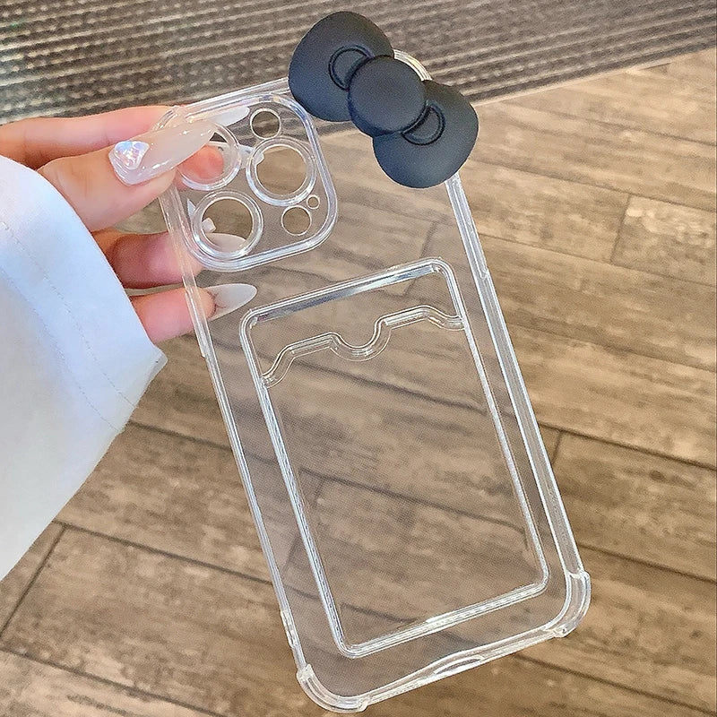 High Quality Silicone Phone Case, 3D Black Bow, Clear Phone Case with Wallet Card Pocket