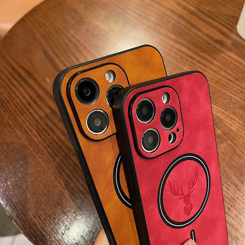 Premium Deer Leather iPhone case, Magnetic Case For iPhone 16 15 14 13 12 11 Pro Max, Wireless Charging Phone Case