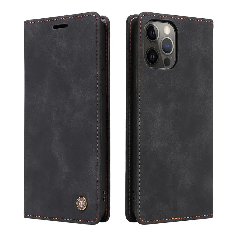 Premium Leather iPhone Case, Magnetic Leather, All Around Protection Phone Case with Card Stand, Shock-proof Resistant