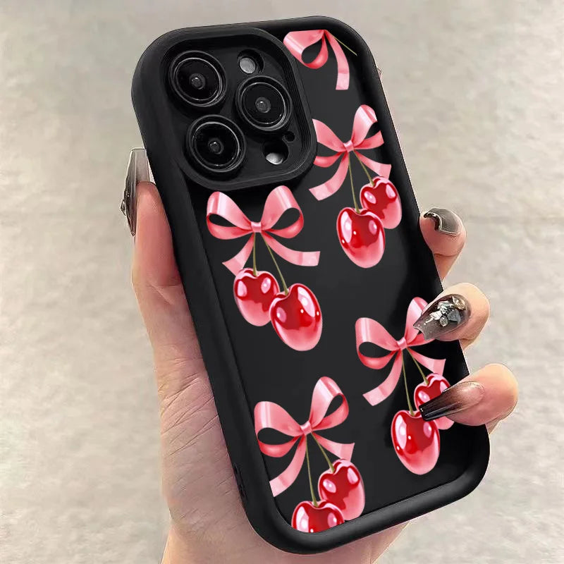 High Quality Silicone Phone Case, Pink Bow and Cherry Blossom, All Around Protection Phone Case, Camera Lens Protection Phone Case
