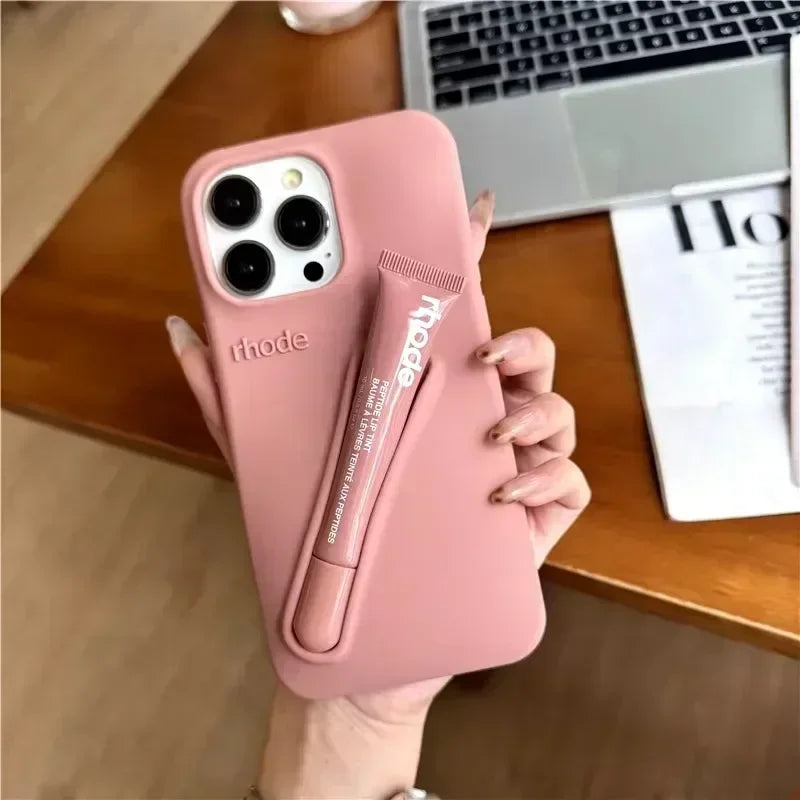 Luxury Silicone Case For iPhone with Lipstick Portable Holder, Unique Design and Shock-proof Resistant Material