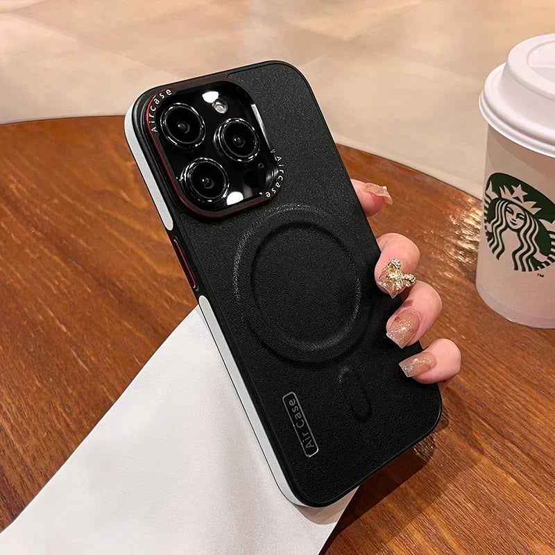Luxury Matte Leather, Magnetic and Wireless Charging for MagSafe, Shockproof Bumper Cover