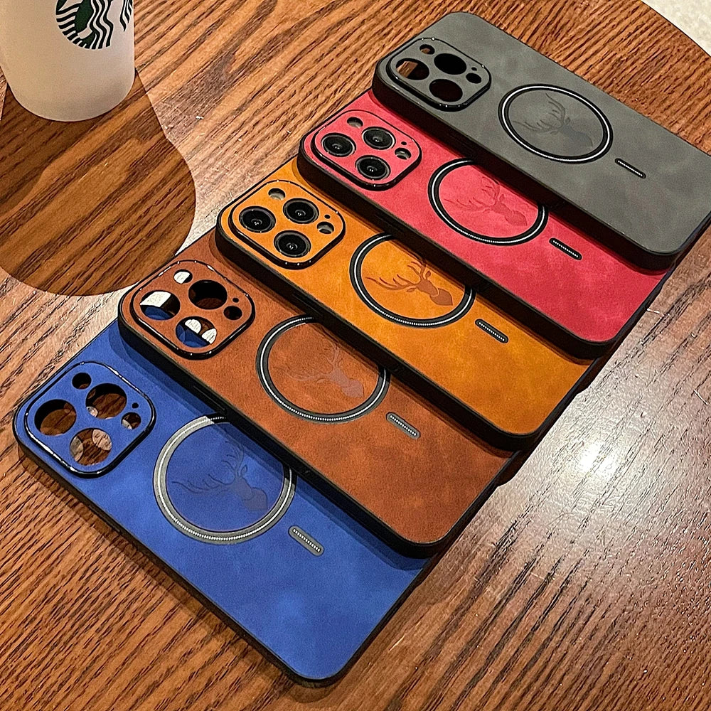 Premium Deer Leather iPhone case, Magnetic Case For iPhone 16 15 14 13 12 11 Pro Max, Wireless Charging Phone Case