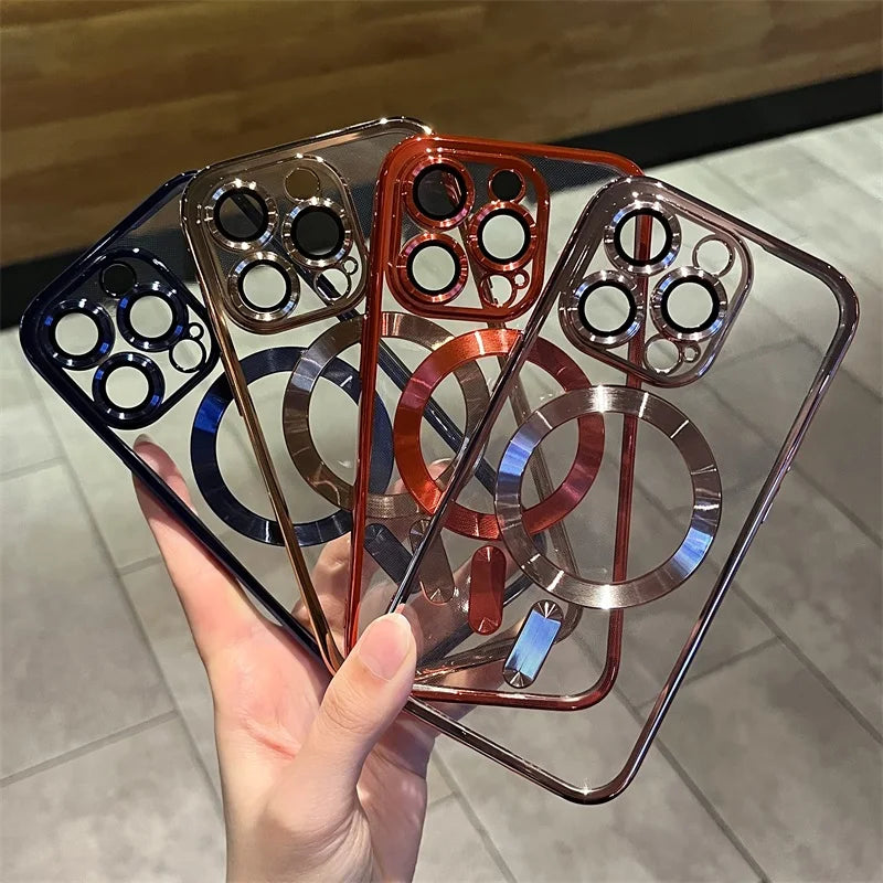 Luxury Plating iPhone Case, Magsafe Wireless Charge Case For iPhone 16 15 14 Plus 13 12 11, Clear Soft Magnetic Cover