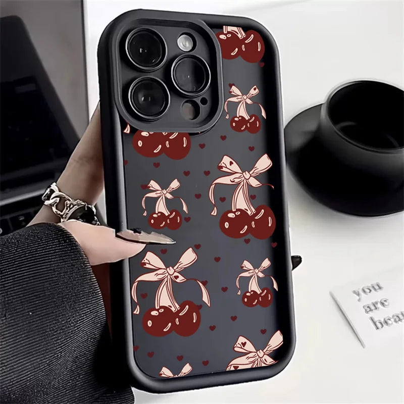 High Quality Silicone Phone Case, Pink Bow and Cherry Blossom, All Around Protection Phone Case, Camera Lens Protection Phone Case