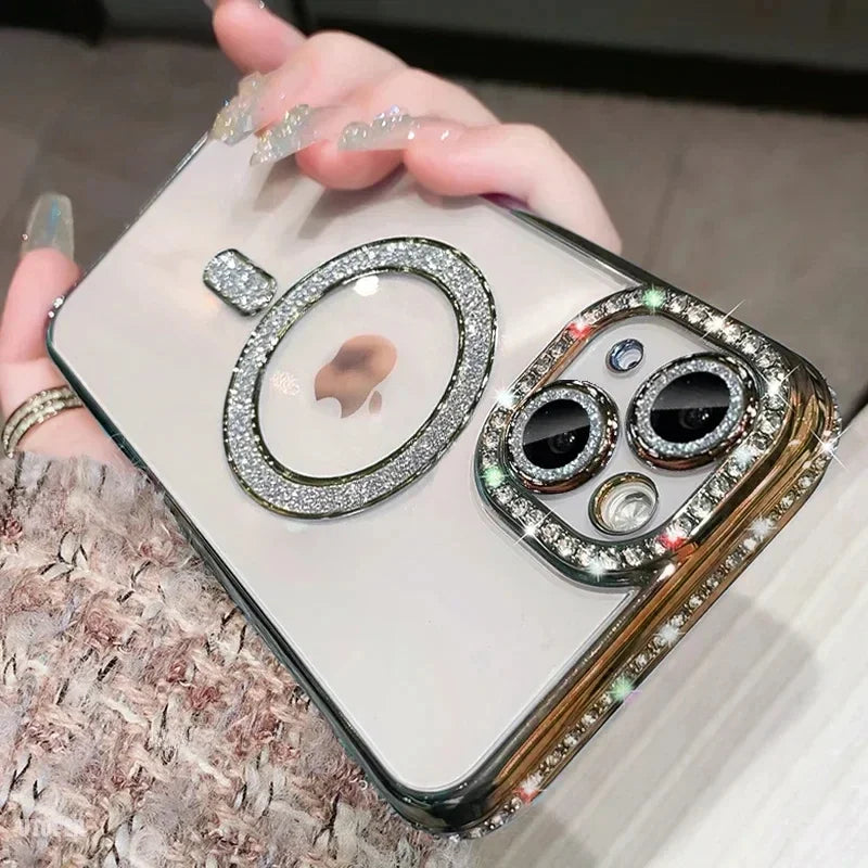 Luxury Crystal Phone Case For iPhone, MagSafe Magnetic and Wireless Charging, Clear Cover, Camera Lens Protection