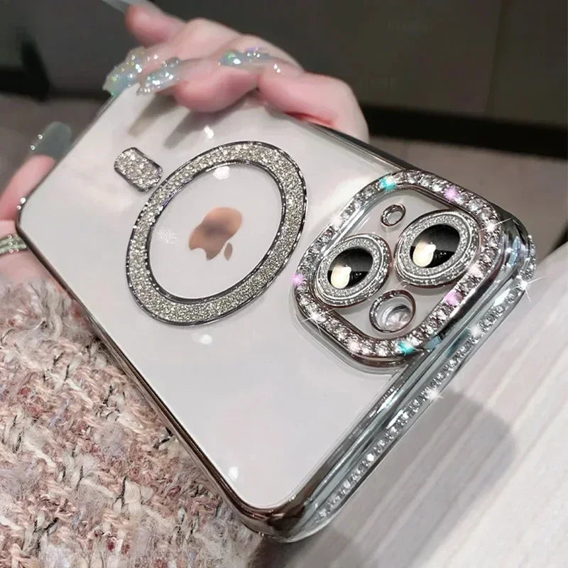 Luxury Crystal Phone Case For iPhone, MagSafe Magnetic and Wireless Charging, Clear Cover, Camera Lens Protection