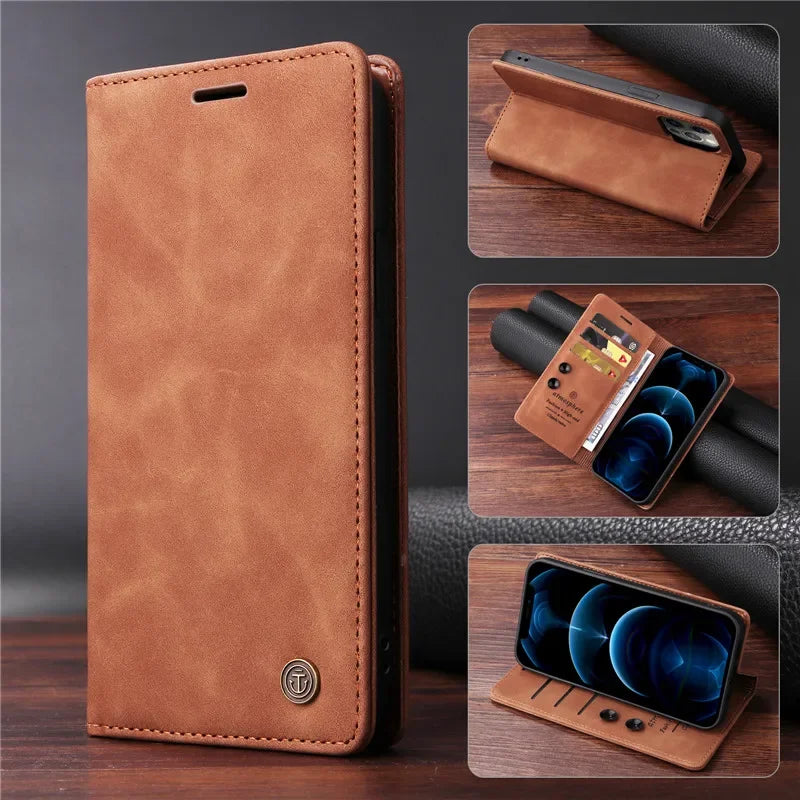 Premium Leather iPhone Case, Magnetic Leather, All Around Protection Phone Case with Card Stand, Shock-proof Resistant