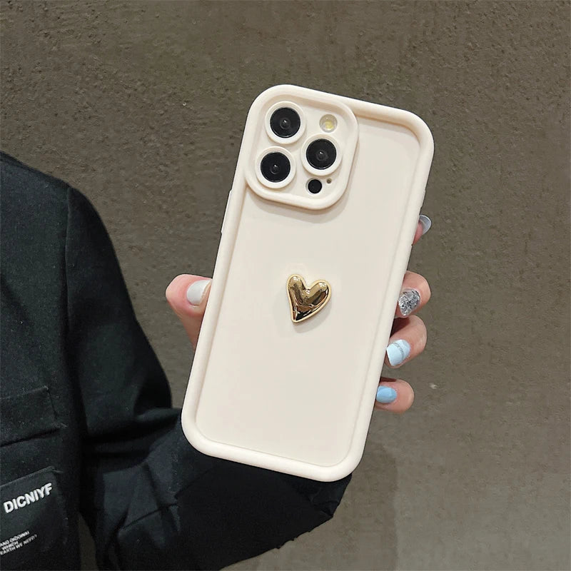Premium 3D Gold Heart Silicone Phone Case For iPhone, Shockproof Resistant, Matte Cover, Camera Lens Protection