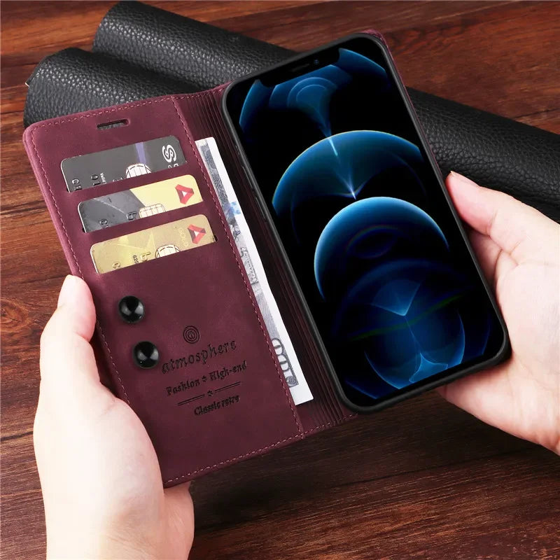 Premium Leather iPhone Case, Magnetic Leather, All Around Protection Phone Case with Card Stand, Shock-proof Resistant
