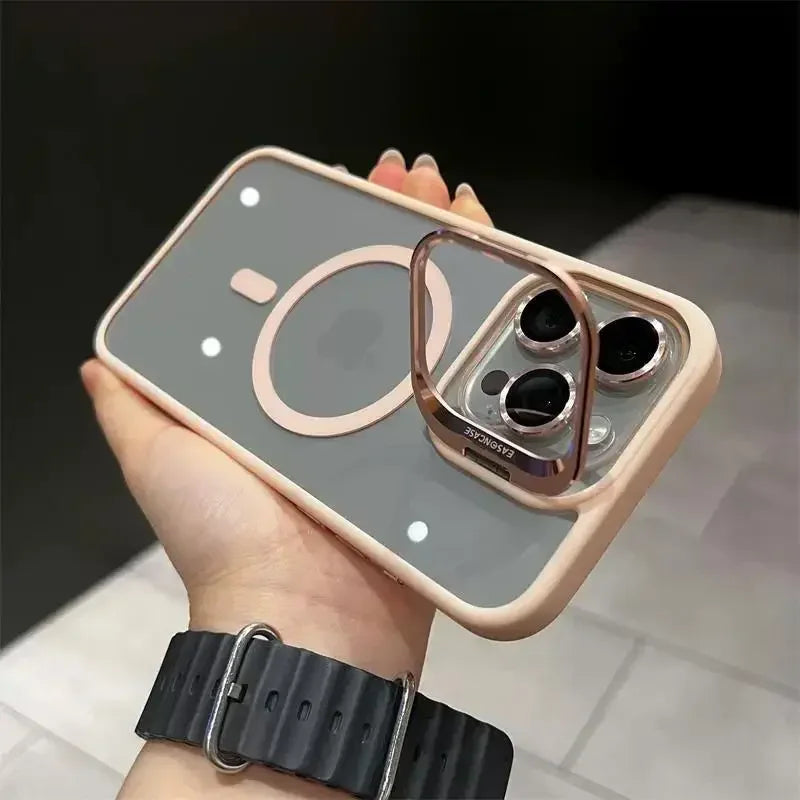 Premium Magnetic Phone Case with Metal Ring Stand For iPhone, Camera Lens Glass Protection, Transparent Back Cover, Magsafe Case