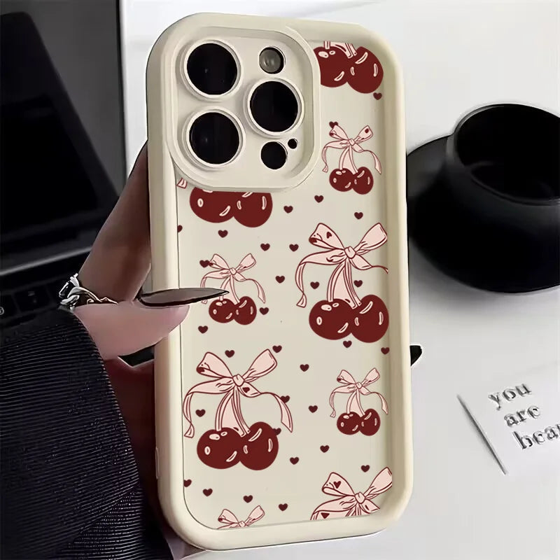 High Quality Silicone Phone Case, Pink Bow and Cherry Blossom, All Around Protection Phone Case, Camera Lens Protection Phone Case