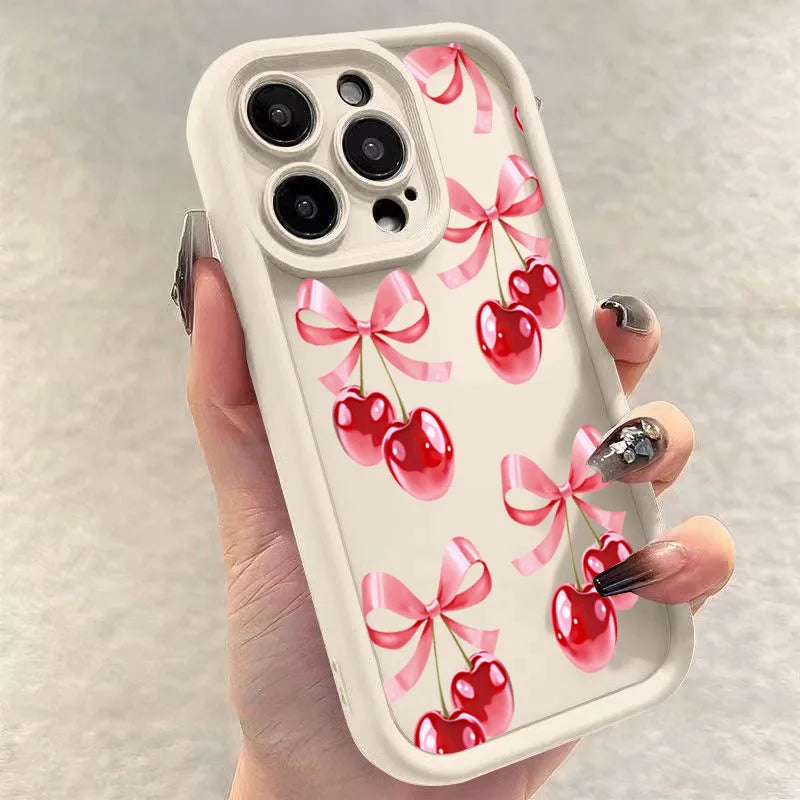 High Quality Silicone Phone Case, Pink Bow and Cherry Blossom, All Around Protection Phone Case, Camera Lens Protection Phone Case