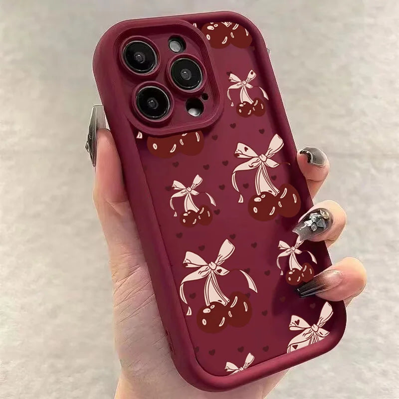 High Quality Silicone Phone Case, Pink Bow and Cherry Blossom, All Around Protection Phone Case, Camera Lens Protection Phone Case