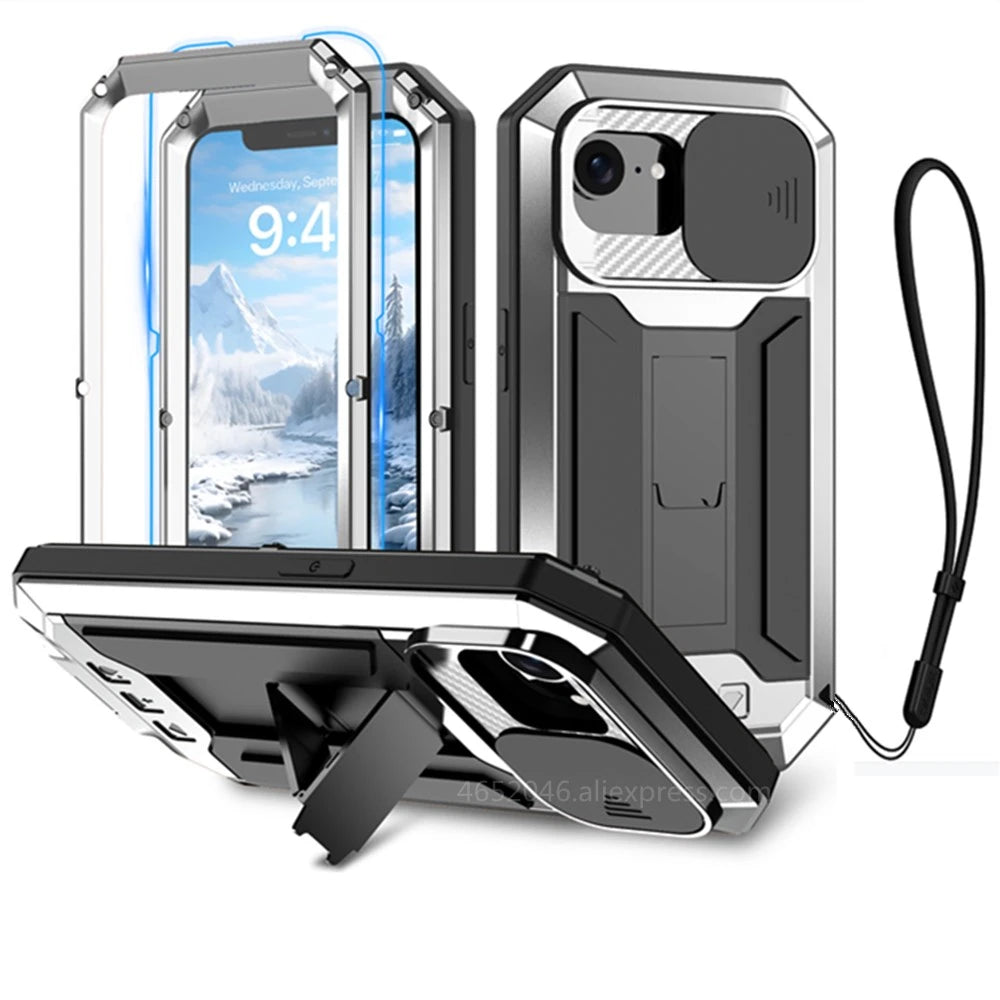 Premium Heavy Duty Shockproof Case for iPhone with Kickstand Screen Tempered Glass Metal Protection Case