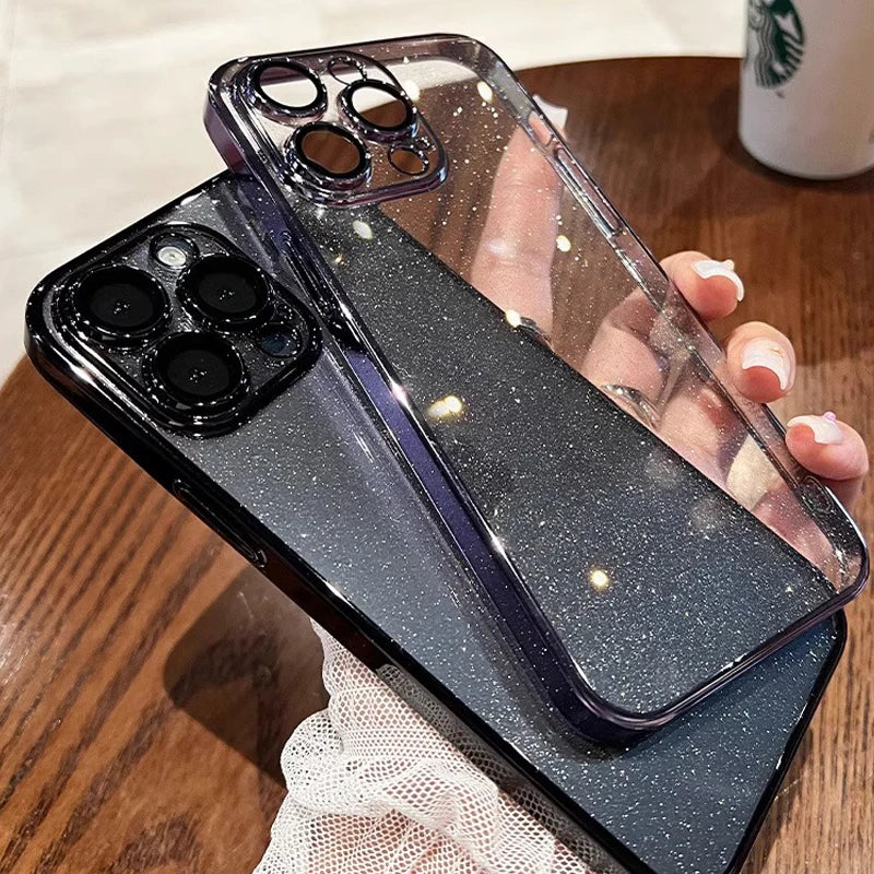 Luxury Clear Electroplated Glitter Cases For iPhone, Transparent Case, Shock-proof Protection