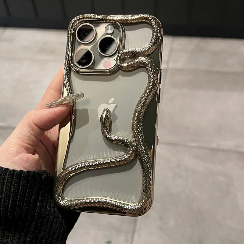 Luxury Plating 3D Snake Phone Case For iPhone, Fashion Creativity, Shockproof Cover, Unique Design