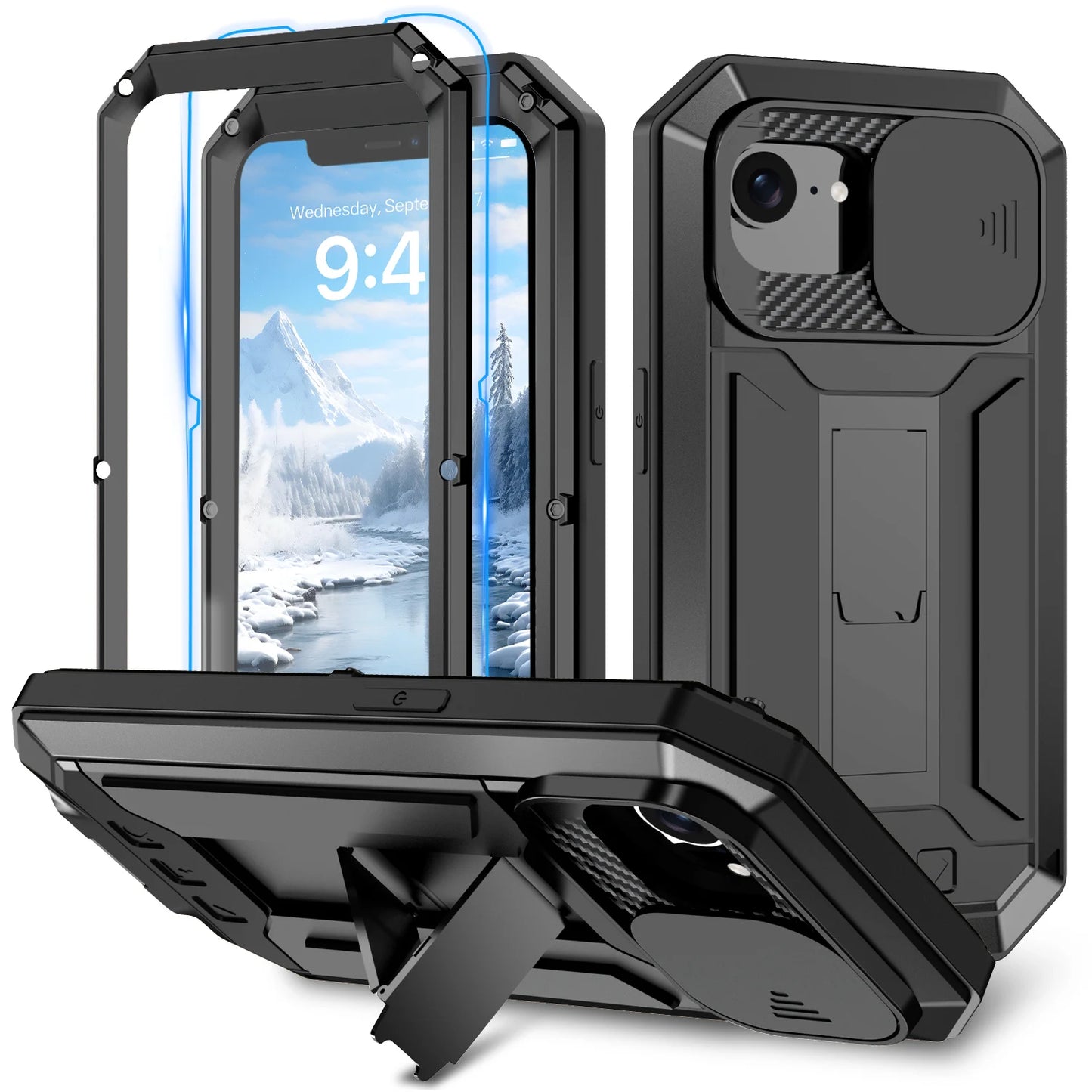 Premium Heavy Duty Shockproof Case for iPhone with Kickstand Screen Tempered Glass Metal Protection Case