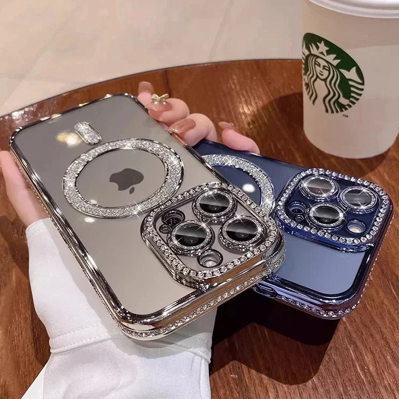 Luxury Crystal Phone Case For iPhone, MagSafe Magnetic and Wireless Charging, Clear Cover, Camera Lens Protection
