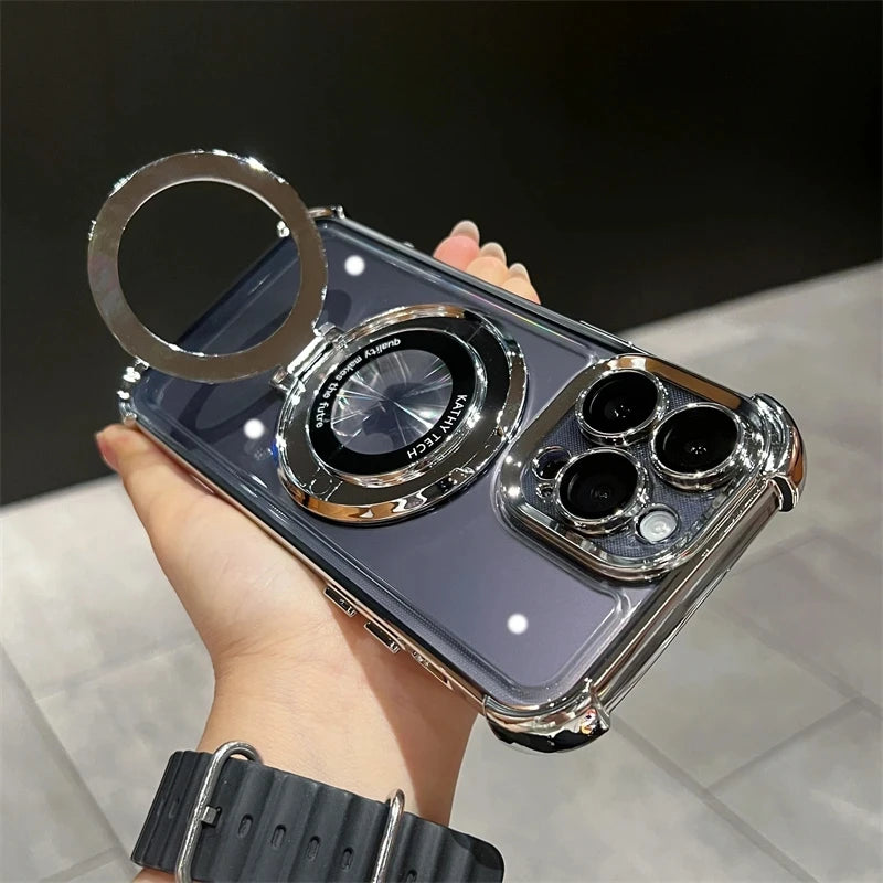 Premium Wireless Charging Case with Ring Bracket, Transparent Case with Magnetic Bumper Cover