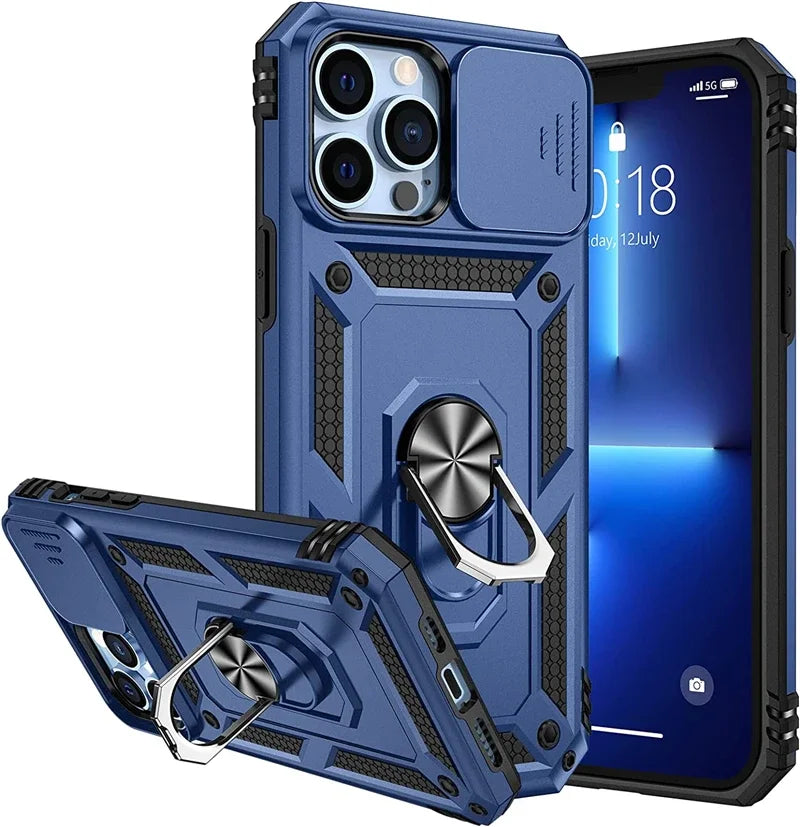 Military Grade Armor Case for iPhone, Magnetic Car Holder with Slide Camera Cover, All Around Protection Phone Case