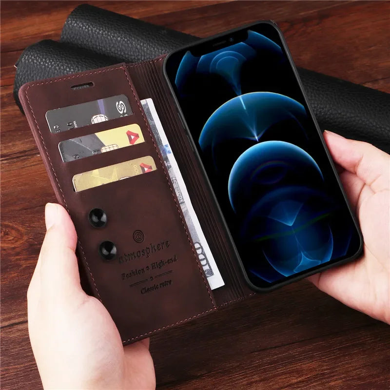 Premium Leather iPhone Case, Magnetic Leather, All Around Protection Phone Case with Card Stand, Shock-proof Resistant