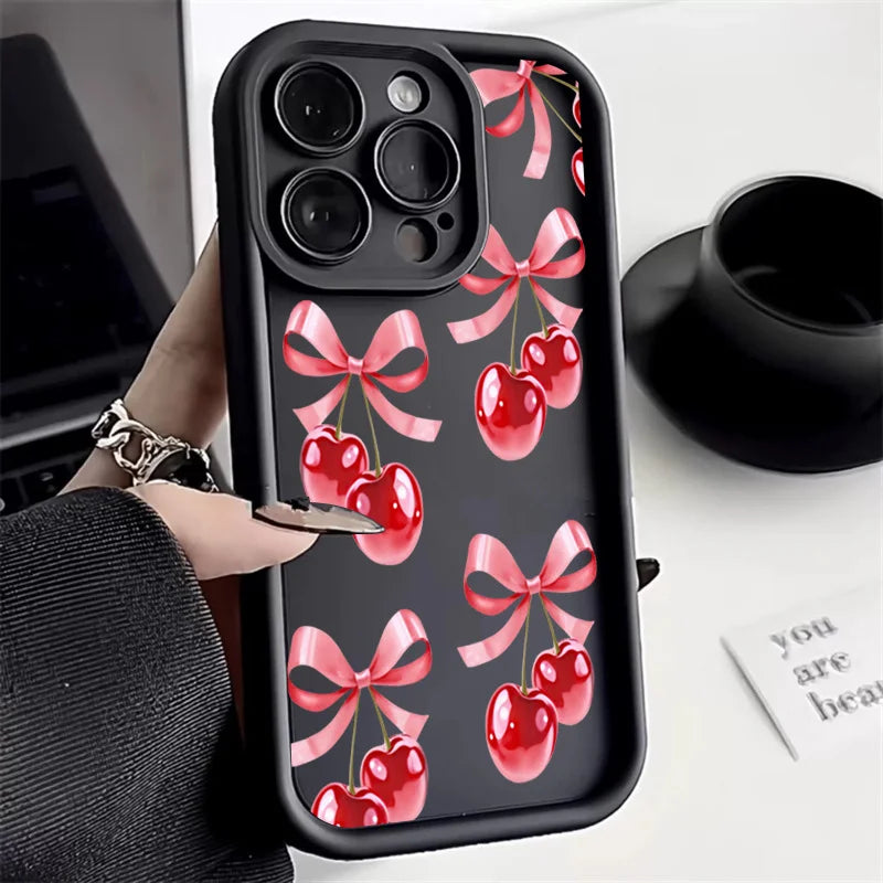 High Quality Silicone Phone Case, Pink Bow and Cherry Blossom, All Around Protection Phone Case, Camera Lens Protection Phone Case