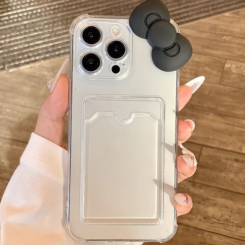 High Quality Silicone Phone Case, 3D Black Bow, Clear Phone Case with Wallet Card Pocket