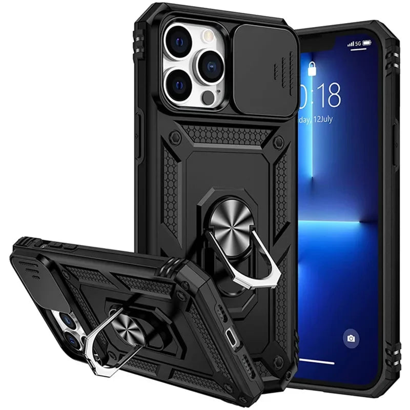 Military Grade Armor Case for iPhone, Magnetic Car Holder with Slide Camera Cover, All Around Protection Phone Case