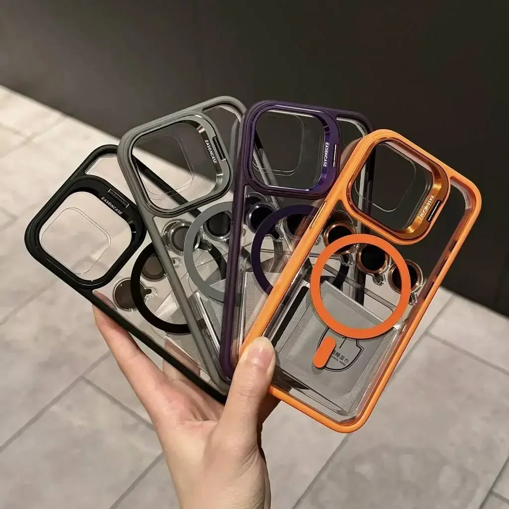 Premium Magnetic Phone Case with Metal Ring Stand For iPhone, Camera Lens Glass Protection, Transparent Back Cover, Magsafe Case
