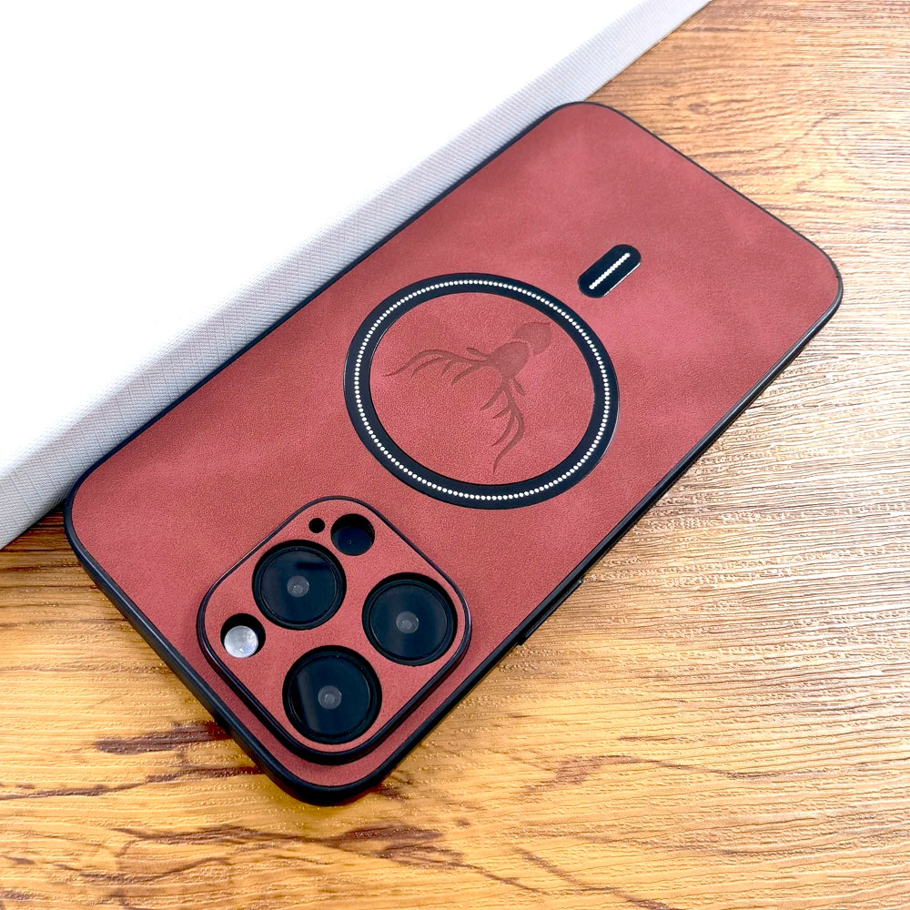 Luxury Deer Leather Case For iPhone, MagSafe Wireless Charging, Full Cover, Camera Lens Protection.