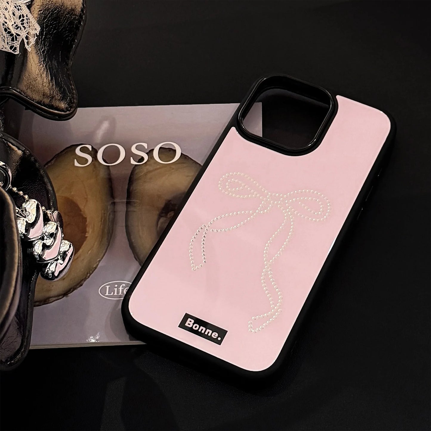 High Quality Glossy Pink Phone Case for iPhone, Shockproof Resistant, Bow Design, Hard Cover Phone Case