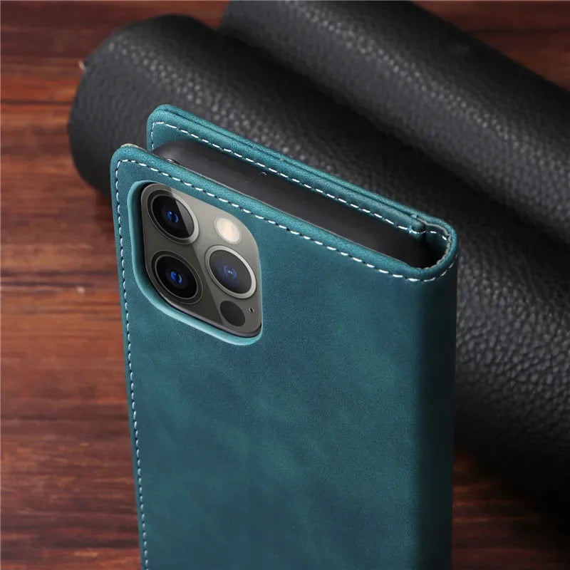Premium Leather iPhone Case, Magnetic Leather, All Around Protection Phone Case with Card Stand, Shock-proof Resistant