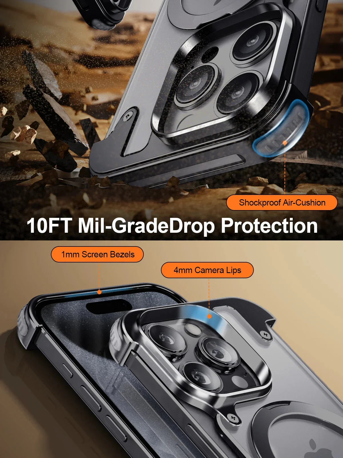 Premium Aluminum Magnetic Ring Stand Shockproof Case for iPhone 17 Pro, 16 Pro Max & 15 Pro Air