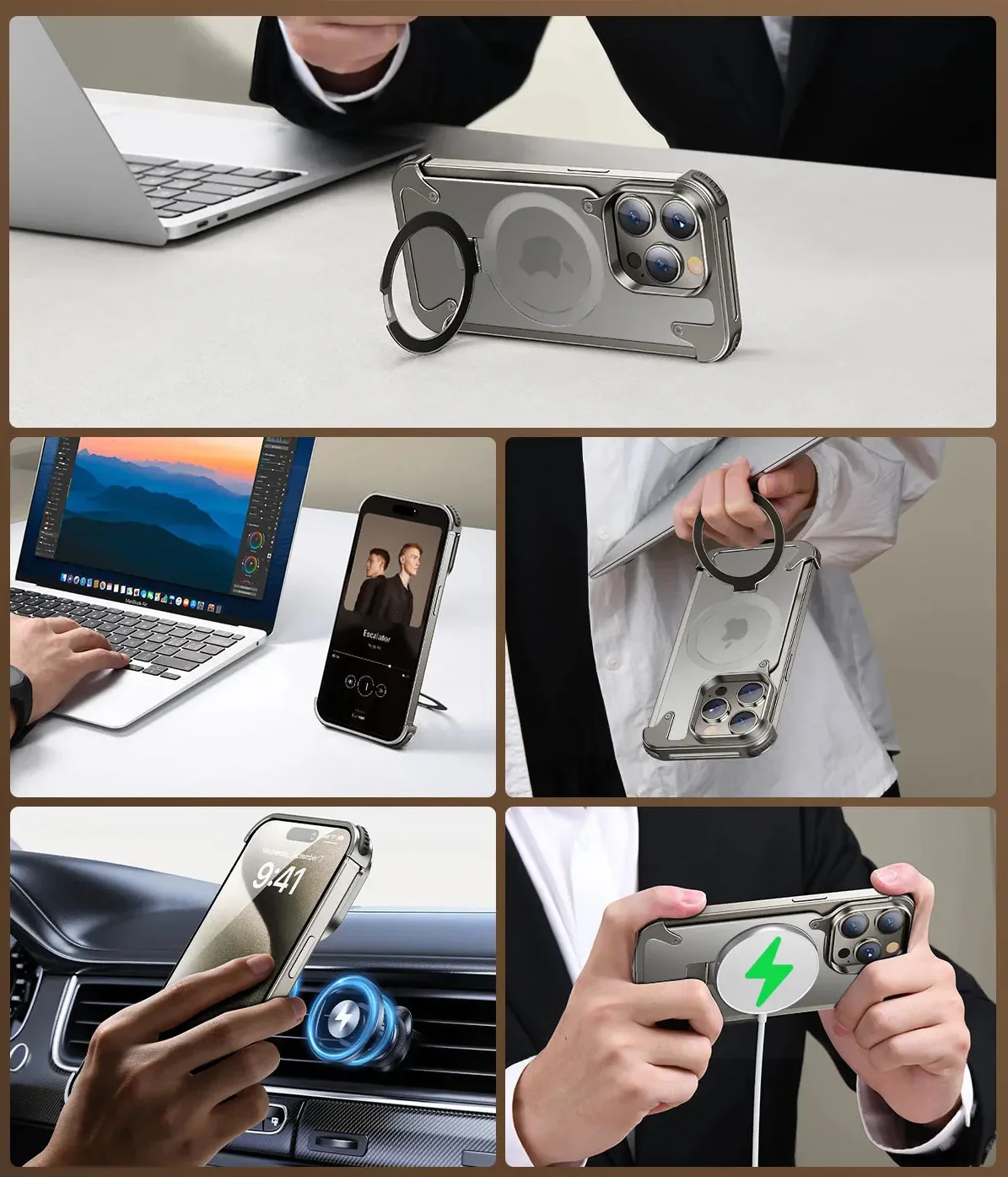 Premium Aluminum Magnetic Ring Stand Shockproof Case for iPhone 17 Pro, 16 Pro Max & 15 Pro Air