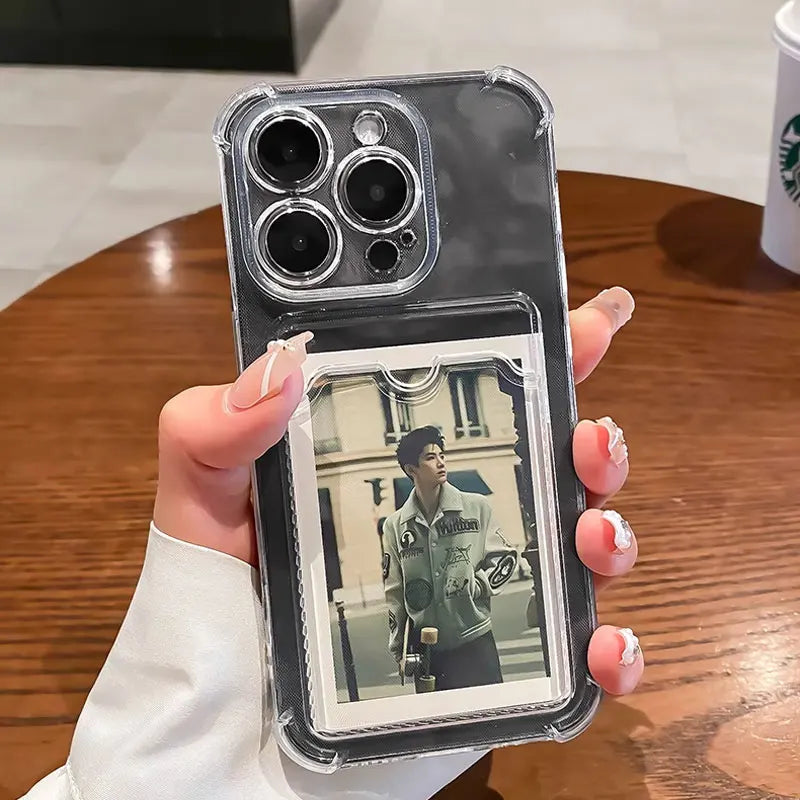 High Quality Transparent Case with Card Holder For iPhone, Shockproof Soft Cover, Anti-Scratch iPhone Case.