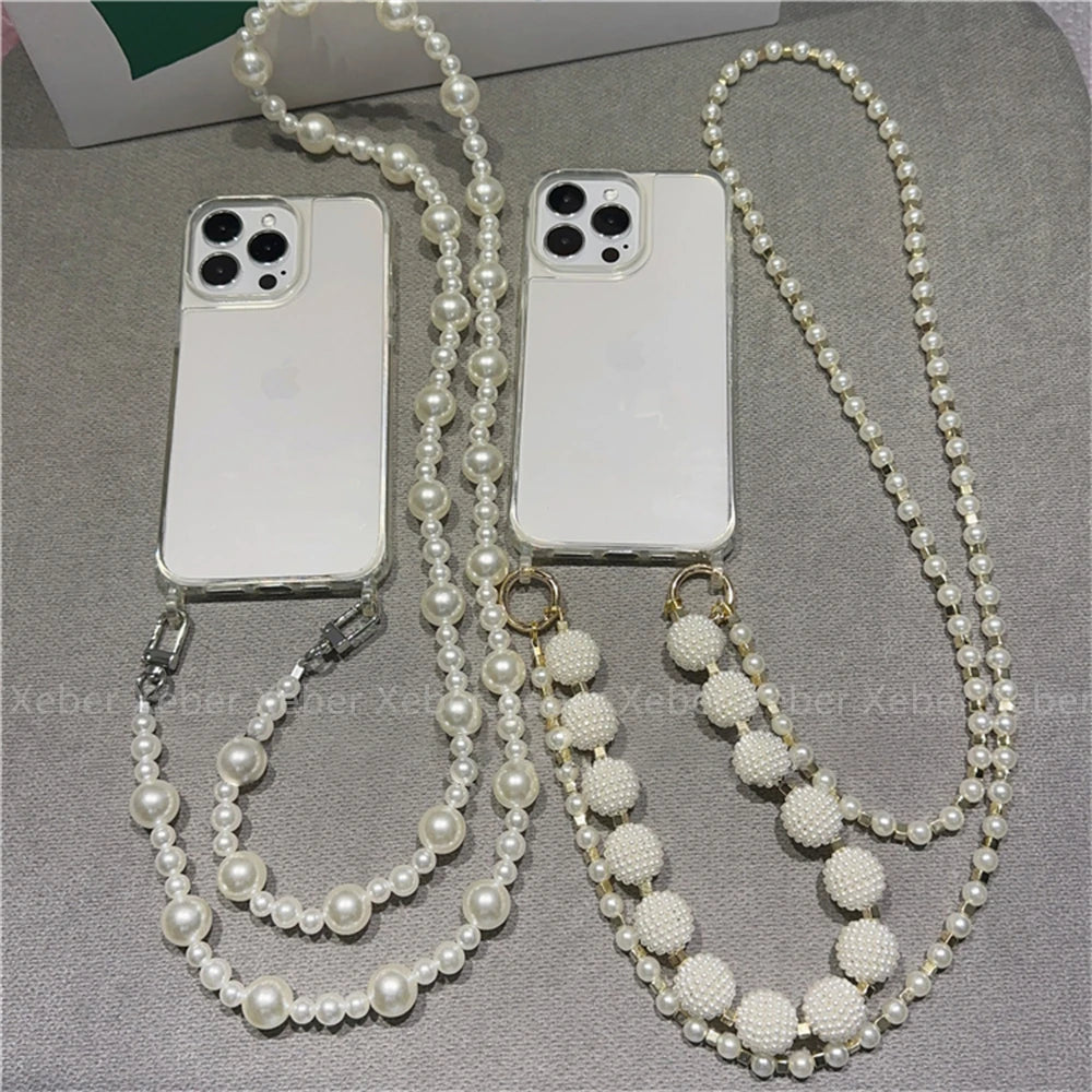 High Quality Crossbody Necklace Pearl Phone Case For iPhone, Clear Phone Case with Crossbody Unique Design