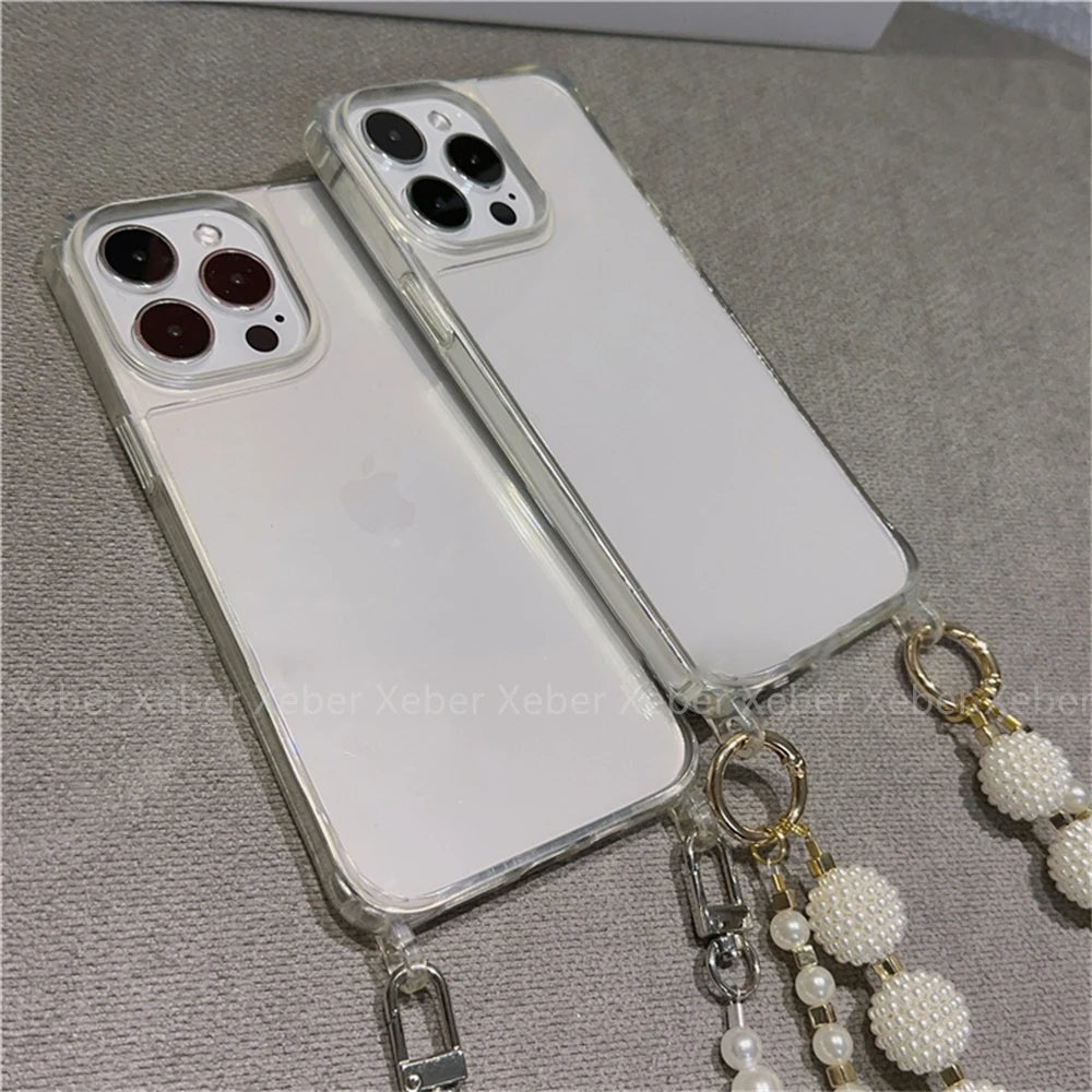 High Quality Crossbody Necklace Pearl Phone Case For iPhone, Clear Phone Case with Crossbody Unique Design