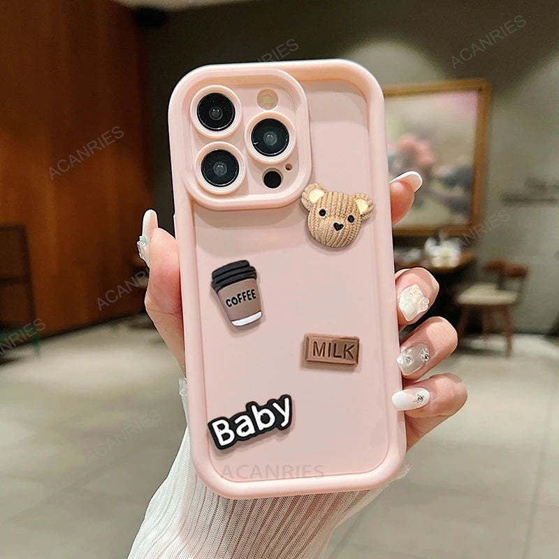 High Quality 3D Bear And Coffee Silicone Case For Iphone, Gradient Design, Magsafe Case With Camera Lens Protection