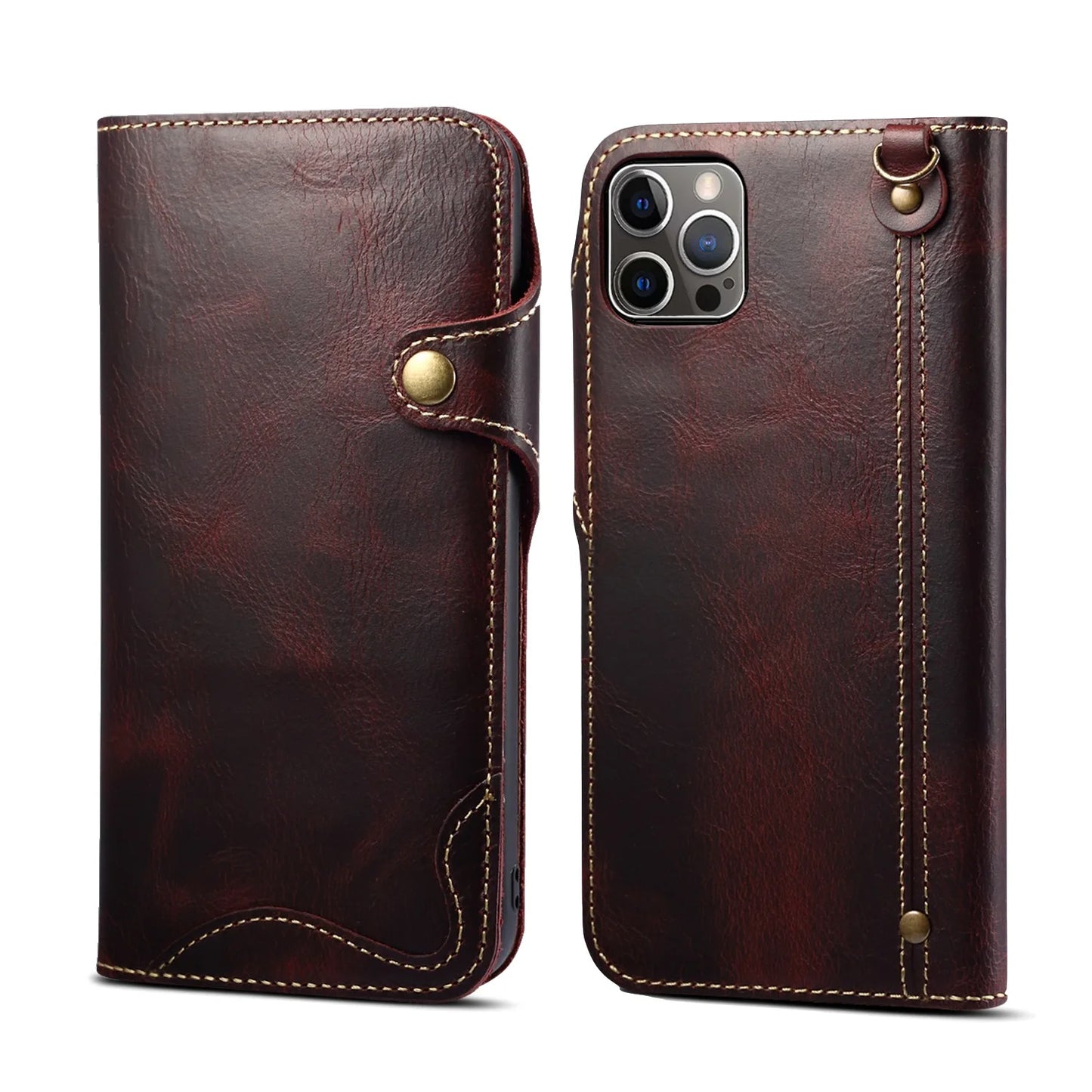 Luxury Cow Leather Case, Flip Wallet Card Holder, Vintage Style, Shockproof Resistant iPhone Case