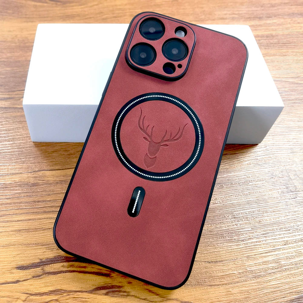 Luxury Deer Leather Case For iPhone, MagSafe Wireless Charging, Full Cover, Camera Lens Protection.