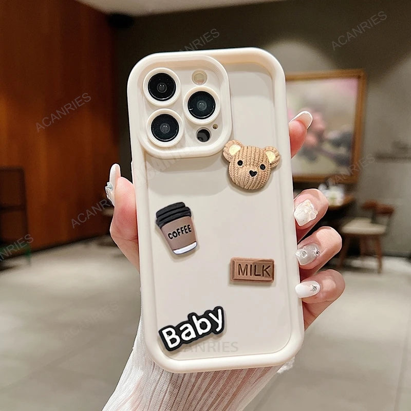 High Quality 3D Bear And Coffee Silicone Case For Iphone, Gradient Design, Magsafe Case With Camera Lens Protection