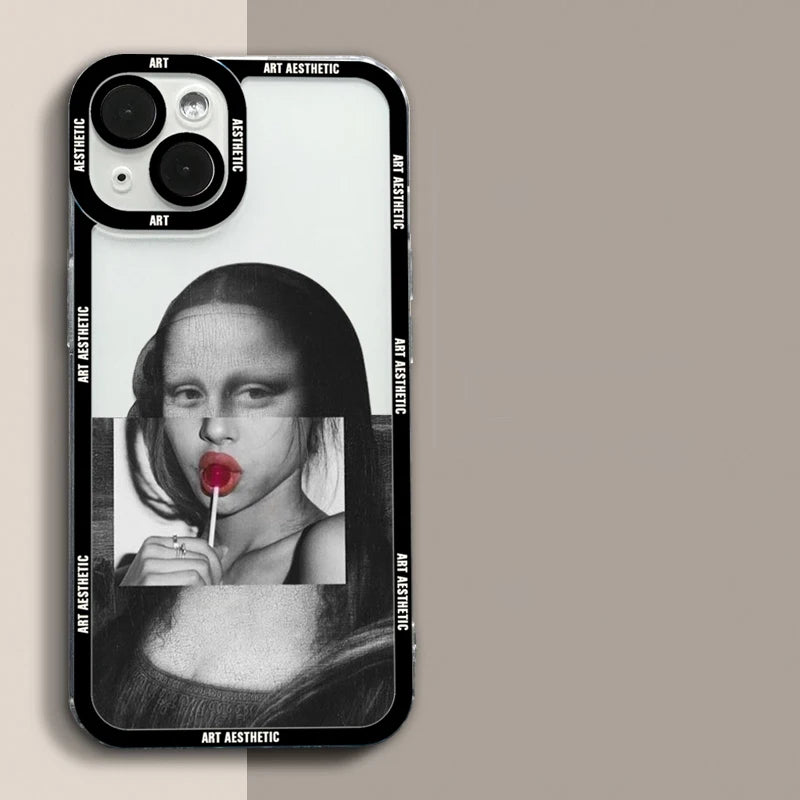 Luxury Artistic Aesthetic History Design, David and Mona Lisa Clear Case For iPhone, Shockproof Case, Magsafe With Camera Protection, Dustproof Resistant, Bumper Cover